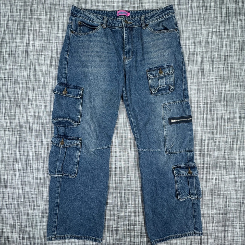 Edikted Cargo Jeans Womens Large Blue Wide Leg Cotton Denim Multi Pocket Baggy